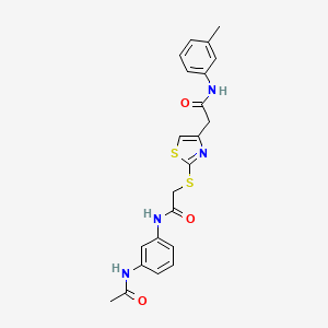 molecular formula C22H22N4O3S2 B2674747 N-(3-acetamidophenyl)-2-((4-(2-oxo-2-(m-tolylamino)ethyl)thiazol-2-yl)thio)acetamide CAS No. 954039-99-7