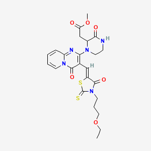 molecular formula C24H27N5O6S2 B2674880 (Z)-methyl 2-(1-(3-((3-(3-ethoxypropyl)-4-oxo-2-thioxothiazolidin-5-ylidene)methyl)-4-oxo-4H-pyrido[1,2-a]pyrimidin-2-yl)-3-oxopiperazin-2-yl)acetate CAS No. 1031361-91-7