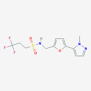molecular formula C12H14F3N3O3S B2674897 3,3,3-Trifluoro-N-[[5-(2-methylpyrazol-3-yl)furan-2-yl]methyl]propane-1-sulfonamide CAS No. 2415552-13-3