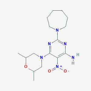 molecular formula C16H26N6O3 B2674972 2-(Azepan-1-yl)-6-(2,6-dimethylmorpholino)-5-nitropyrimidin-4-amine CAS No. 672916-21-1