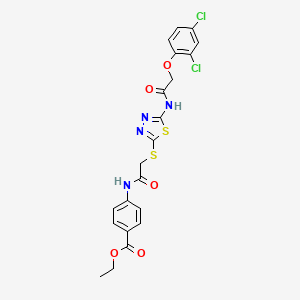 molecular formula C21H18Cl2N4O5S2 B2674995 Ethyl 4-(2-((5-(2-(2,4-dichlorophenoxy)acetamido)-1,3,4-thiadiazol-2-yl)thio)acetamido)benzoate CAS No. 392293-02-6