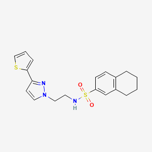 molecular formula C19H21N3O2S2 B2675010 N-(2-(3-(thiophen-2-yl)-1H-pyrazol-1-yl)ethyl)-5,6,7,8-tetrahydronaphthalene-2-sulfonamide CAS No. 1797822-57-1