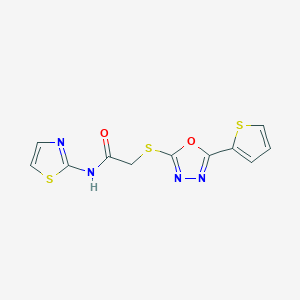 molecular formula C11H8N4O2S3 B2675021 N-(thiazol-2-yl)-2-((5-(thiophen-2-yl)-1,3,4-oxadiazol-2-yl)thio)acetamide CAS No. 850937-33-6