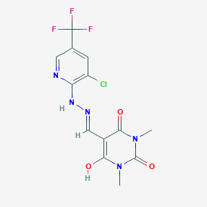 molecular formula C13H11ClF3N5O3 B2675036 5-({2-[3-Chloro-5-(trifluoromethyl)pyridin-2-yl]hydrazin-1-yl}methylidene)-1,3-dimethyl-1,3-diazinane-2,4,6-trione CAS No. 338978-25-9