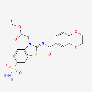 molecular formula C20H19N3O7S2 B2675041 (Z)-ethyl 2-(2-((2,3-dihydrobenzo[b][1,4]dioxine-6-carbonyl)imino)-6-sulfamoylbenzo[d]thiazol-3(2H)-yl)acetate CAS No. 865248-04-0