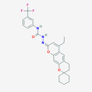 molecular formula C27H28F3N3O3 B2675046 (E)-2-(6'-ethyl-3'H-spiro[cyclohexane-1,2'-pyrano[3,2-g]chromen]-8'(4'H)-ylidene)-N-(3-(trifluoromethyl)phenyl)hydrazinecarboxamide CAS No. 1334377-22-8