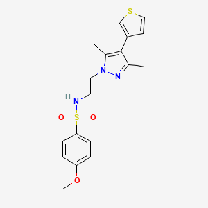 molecular formula C18H21N3O3S2 B2675107 N-(2-(3,5-dimethyl-4-(thiophen-3-yl)-1H-pyrazol-1-yl)ethyl)-4-methoxybenzenesulfonamide CAS No. 2034556-77-7