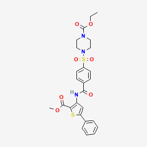 molecular formula C26H27N3O7S2 B2675232 Ethyl 4-[4-[(2-methoxycarbonyl-5-phenylthiophen-3-yl)carbamoyl]phenyl]sulfonylpiperazine-1-carboxylate CAS No. 398999-50-3