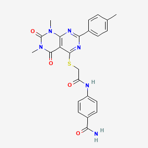 molecular formula C24H22N6O4S B2675262 4-(2-((6,8-Dimethyl-5,7-dioxo-2-(p-tolyl)-5,6,7,8-tetrahydropyrimido[4,5-d]pyrimidin-4-yl)thio)acetamido)benzamide CAS No. 872694-54-7