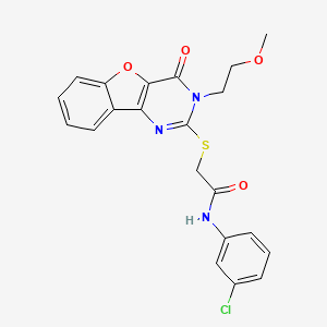 molecular formula C21H18ClN3O4S B2675294 N-(3-chlorophenyl)-2-{[5-(2-methoxyethyl)-6-oxo-8-oxa-3,5-diazatricyclo[7.4.0.0^{2,7}]trideca-1(9),2(7),3,10,12-pentaen-4-yl]sulfanyl}acetamide CAS No. 866894-73-7