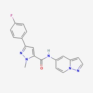 molecular formula C18H14FN5O B2675296 3-(4-fluorophenyl)-1-methyl-N-(pyrazolo[1,5-a]pyridin-5-yl)-1H-pyrazole-5-carboxamide CAS No. 2034486-52-5