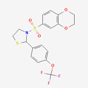 molecular formula C18H16F3NO5S2 B2675300 3-((2,3-Dihydrobenzo[b][1,4]dioxin-6-yl)sulfonyl)-2-(4-(trifluoromethoxy)phenyl)thiazolidine CAS No. 2034378-18-0