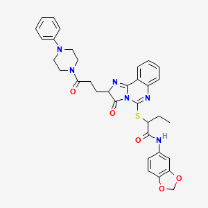 molecular formula C34H34N6O5S B2675350 N-(2H-1,3-benzodioxol-5-yl)-2-({3-oxo-2-[3-oxo-3-(4-phenylpiperazin-1-yl)propyl]-2H,3H-imidazo[1,2-c]quinazolin-5-yl}sulfanyl)butanamide CAS No. 1102444-78-9