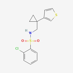molecular formula C14H14ClNO2S2 B2675461 2-Chloro-N-[(1-thiophen-3-ylcyclopropyl)methyl]benzenesulfonamide CAS No. 2415621-78-0