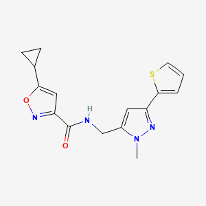 molecular formula C16H16N4O2S B2675529 5-Cyclopropyl-N-[(2-methyl-5-thiophen-2-ylpyrazol-3-yl)methyl]-1,2-oxazole-3-carboxamide CAS No. 2320536-50-1
