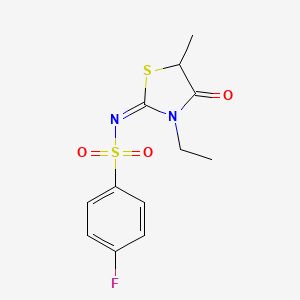 molecular formula C12H13FN2O3S2 B2675620 (E)-N-(3-ethyl-5-methyl-4-oxothiazolidin-2-ylidene)-4-fluorobenzenesulfonamide CAS No. 867041-99-4