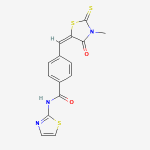 molecular formula C15H11N3O2S3 B2675627 (E)-4-((3-methyl-4-oxo-2-thioxothiazolidin-5-ylidene)methyl)-N-(thiazol-2-yl)benzamide CAS No. 854002-40-7