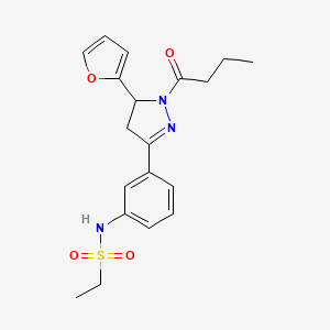 molecular formula C19H23N3O4S B2675740 1-(3-{3-[(Ethylsulfonyl)amino]phenyl}-5-(2-furyl)-2-pyrazolinyl)butan-1-one CAS No. 927145-39-9