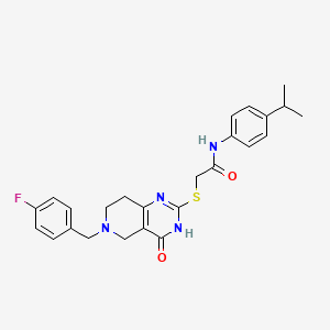 molecular formula C25H27FN4O2S B2675823 2-{[6-(4-fluorobenzyl)-4-oxo-3,4,5,6,7,8-hexahydropyrido[4,3-d]pyrimidin-2-yl]sulfanyl}-N-[4-(propan-2-yl)phenyl]acetamide CAS No. 923146-79-6