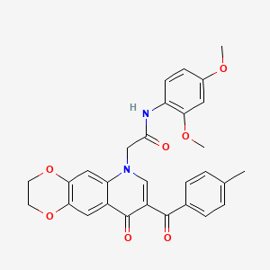 molecular formula C29H26N2O7 B2675849 N-(2,4-dimethoxyphenyl)-2-(8-(4-methylbenzoyl)-9-oxo-2,3-dihydro-[1,4]dioxino[2,3-g]quinolin-6(9H)-yl)acetamide CAS No. 902292-76-6