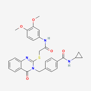 molecular formula C29H28N4O5S B2675855 N-cyclopropyl-4-((2-((2-((3,4-dimethoxyphenyl)amino)-2-oxoethyl)thio)-4-oxoquinazolin-3(4H)-yl)methyl)benzamide CAS No. 1115360-38-7