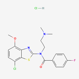 molecular formula C19H20Cl2FN3O2S B2675922 N-(7-chloro-4-methoxybenzo[d]thiazol-2-yl)-N-(2-(dimethylamino)ethyl)-4-fluorobenzamide hydrochloride CAS No. 1329626-70-1