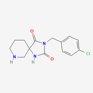 molecular formula C14H16ClN3O2 B2675997 3-[(4-Chlorophenyl)methyl]-1,3,9-triazaspiro[4.5]decane-2,4-dione CAS No. 1502490-14-3