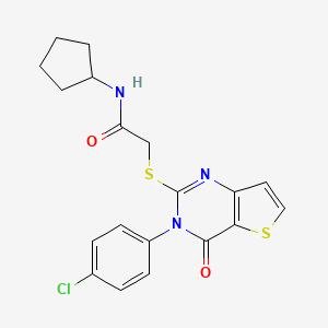 molecular formula C19H18ClN3O2S2 B2676021 2-((3-(4-氯苯基)-4-氧代-3,4-二氢噻吩[3,2-d]嘧啶-2-基)硫)-N-环戊基乙酰胺 CAS No. 1260906-21-5