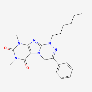 molecular formula C21H26N6O2 B2676027 1-hexyl-7,9-dimethyl-3-phenyl-7,9-dihydro-[1,2,4]triazino[3,4-f]purine-6,8(1H,4H)-dione CAS No. 941959-31-5