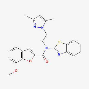 molecular formula C24H22N4O3S B2676099 N-(benzo[d]thiazol-2-yl)-N-(2-(3,5-dimethyl-1H-pyrazol-1-yl)ethyl)-7-methoxybenzofuran-2-carboxamide CAS No. 1171534-20-5