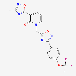 molecular formula C18H12F3N5O4 B2676152 3-(3-methyl-1,2,4-oxadiazol-5-yl)-1-((3-(4-(trifluoromethoxy)phenyl)-1,2,4-oxadiazol-5-yl)methyl)pyridin-2(1H)-one CAS No. 1396684-56-2