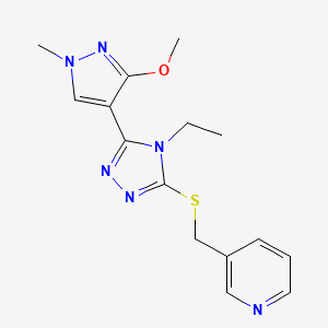 molecular formula C15H18N6OS B2676162 3-(((4-ethyl-5-(3-methoxy-1-methyl-1H-pyrazol-4-yl)-4H-1,2,4-triazol-3-yl)thio)methyl)pyridine CAS No. 1013774-77-0