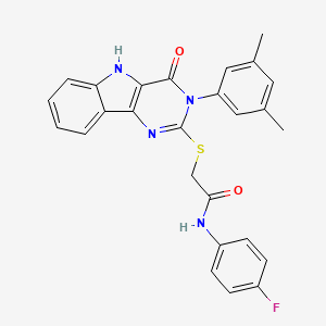 molecular formula C26H21FN4O2S B2676204 2-((3-(3,5-dimethylphenyl)-4-oxo-4,5-dihydro-3H-pyrimido[5,4-b]indol-2-yl)thio)-N-(4-fluorophenyl)acetamide CAS No. 536705-48-3