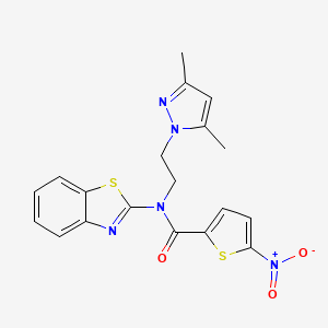 molecular formula C19H17N5O3S2 B2676209 N-(benzo[d]thiazol-2-yl)-N-(2-(3,5-dimethyl-1H-pyrazol-1-yl)ethyl)-5-nitrothiophene-2-carboxamide CAS No. 1170947-58-6