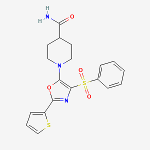 molecular formula C19H19N3O4S2 B2676214 1-(4-(Phenylsulfonyl)-2-(thiophen-2-yl)oxazol-5-yl)piperidine-4-carboxamide CAS No. 627833-46-9