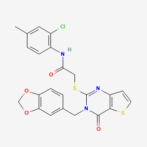 molecular formula C23H18ClN3O4S2 B2676247 2-((3-(benzo[d][1,3]dioxol-5-ylmethyl)-4-oxo-3,4-dihydrothieno[3,2-d]pyrimidin-2-yl)thio)-N-(2-chloro-4-methylphenyl)acetamide CAS No. 1795412-69-9