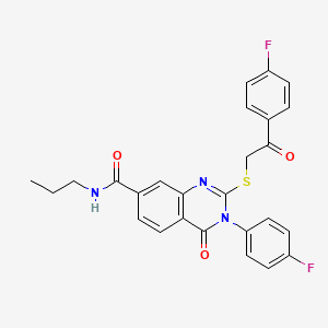 molecular formula C26H21F2N3O3S B2676268 3-(4-fluorophenyl)-2-((2-(4-fluorophenyl)-2-oxoethyl)thio)-4-oxo-N-propyl-3,4-dihydroquinazoline-7-carboxamide CAS No. 1113134-47-6