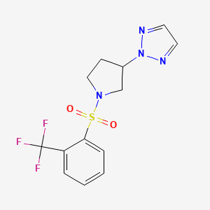 molecular formula C13H13F3N4O2S B2676318 2-(1-((2-(trifluoromethyl)phenyl)sulfonyl)pyrrolidin-3-yl)-2H-1,2,3-triazole CAS No. 2034442-05-0