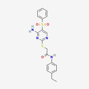 molecular formula C20H20N4O3S2 B2676336 2-((4-amino-5-(phenylsulfonyl)pyrimidin-2-yl)thio)-N-(4-ethylphenyl)acetamide CAS No. 894946-04-4