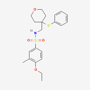 molecular formula C21H27NO4S2 B2676373 4-ethoxy-3-methyl-N-((4-(phenylthio)tetrahydro-2H-pyran-4-yl)methyl)benzenesulfonamide CAS No. 1797844-97-3