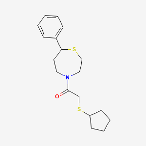 molecular formula C18H25NOS2 B2676494 2-(Cyclopentylthio)-1-(7-phenyl-1,4-thiazepan-4-yl)ethanone CAS No. 1797572-51-0