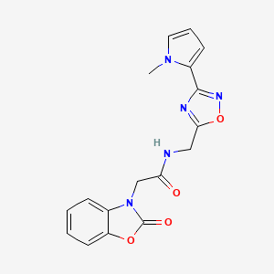molecular formula C17H15N5O4 B2676516 N-((3-(1-methyl-1H-pyrrol-2-yl)-1,2,4-oxadiazol-5-yl)methyl)-2-(2-oxobenzo[d]oxazol-3(2H)-yl)acetamide CAS No. 2034508-47-7