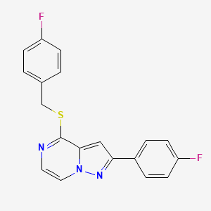 molecular formula C19H13F2N3S B2676535 4-[(4-Fluorobenzyl)thio]-2-(4-fluorophenyl)pyrazolo[1,5-a]pyrazine CAS No. 1105211-45-7