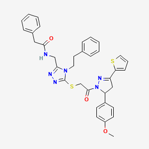 molecular formula C35H34N6O3S2 B2676570 N-((5-((2-(5-(4-methoxyphenyl)-3-(thiophen-2-yl)-4,5-dihydro-1H-pyrazol-1-yl)-2-oxoethyl)thio)-4-phenethyl-4H-1,2,4-triazol-3-yl)methyl)-2-phenylacetamide CAS No. 361149-47-5