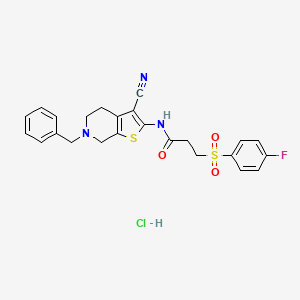 molecular formula C24H23ClFN3O3S2 B2676584 N-(6-苄基-3-氰-4,5,6,7-四氢噻吩[2,3-c]吡啶-2-基)-3-((4-氟苯基)磺酰)丙酰胺盐酸盐 CAS No. 1215526-18-3
