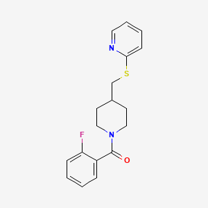 molecular formula C18H19FN2OS B2676589 (2-Fluorophenyl)(4-((pyridin-2-ylthio)methyl)piperidin-1-yl)methanone CAS No. 1421489-16-8