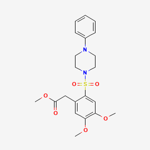 molecular formula C21H26N2O6S B2676634 Methyl 2-(4,5-dimethoxy-2-((4-phenylpiperazinyl)sulfonyl)phenyl)acetate CAS No. 497060-58-9