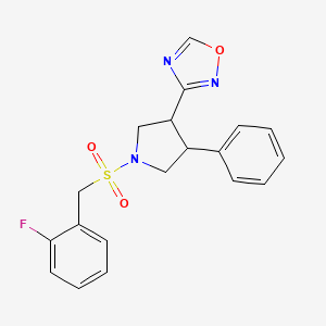 molecular formula C19H18FN3O3S B2676637 3-(1-((2-Fluorobenzyl)sulfonyl)-4-phenylpyrrolidin-3-yl)-1,2,4-oxadiazole CAS No. 2034413-82-4