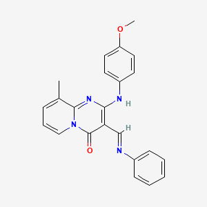 molecular formula C23H20N4O2 B2676668 (E)-2-((4-methoxyphenyl)amino)-9-methyl-3-((phenylimino)methyl)-4H-pyrido[1,2-a]pyrimidin-4-one CAS No. 519047-19-9