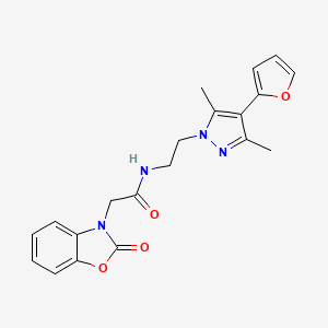molecular formula C20H20N4O4 B2676690 N-(2-(4-(呋喃-2-基)-3,5-二甲基-1H-吡唑-1-基)乙基)-2-(2-氧代苯并[1,2-d]噁唑-3(2H)-基)乙酰胺 CAS No. 2034514-09-3